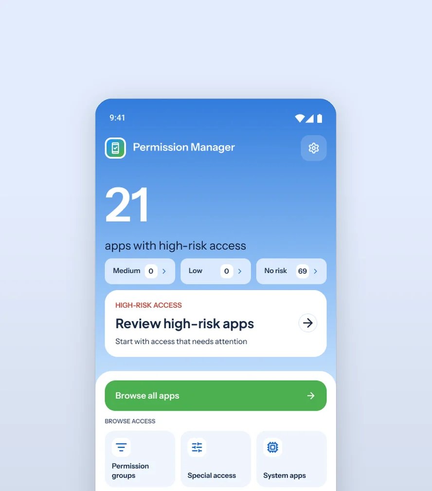 Permission Manager — custom dashboard on an Android phone