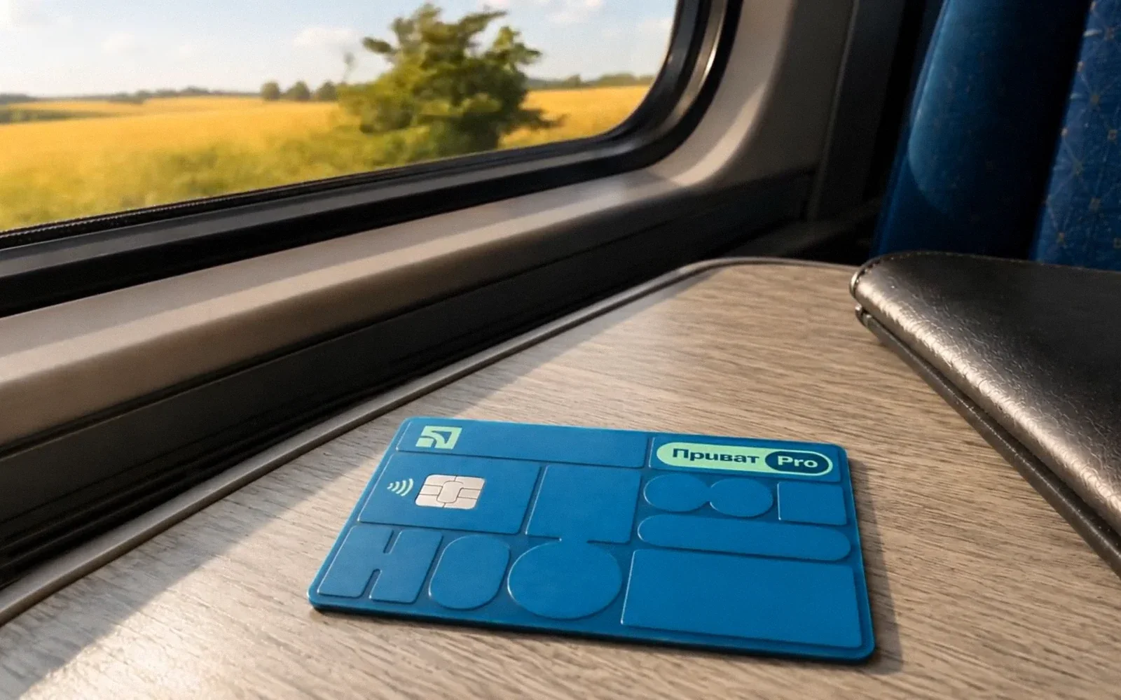 PrivatBank — the Privat Pro card on a train table by the window