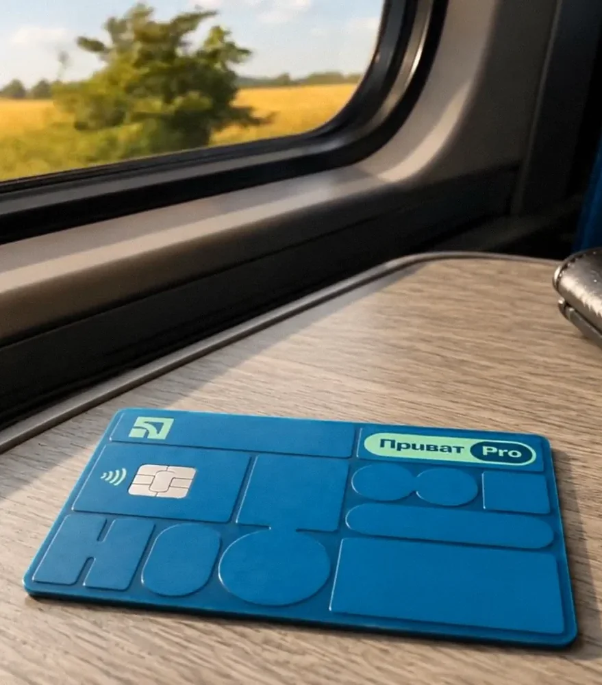 PrivatBank — the Privat Pro card on a train table by the window