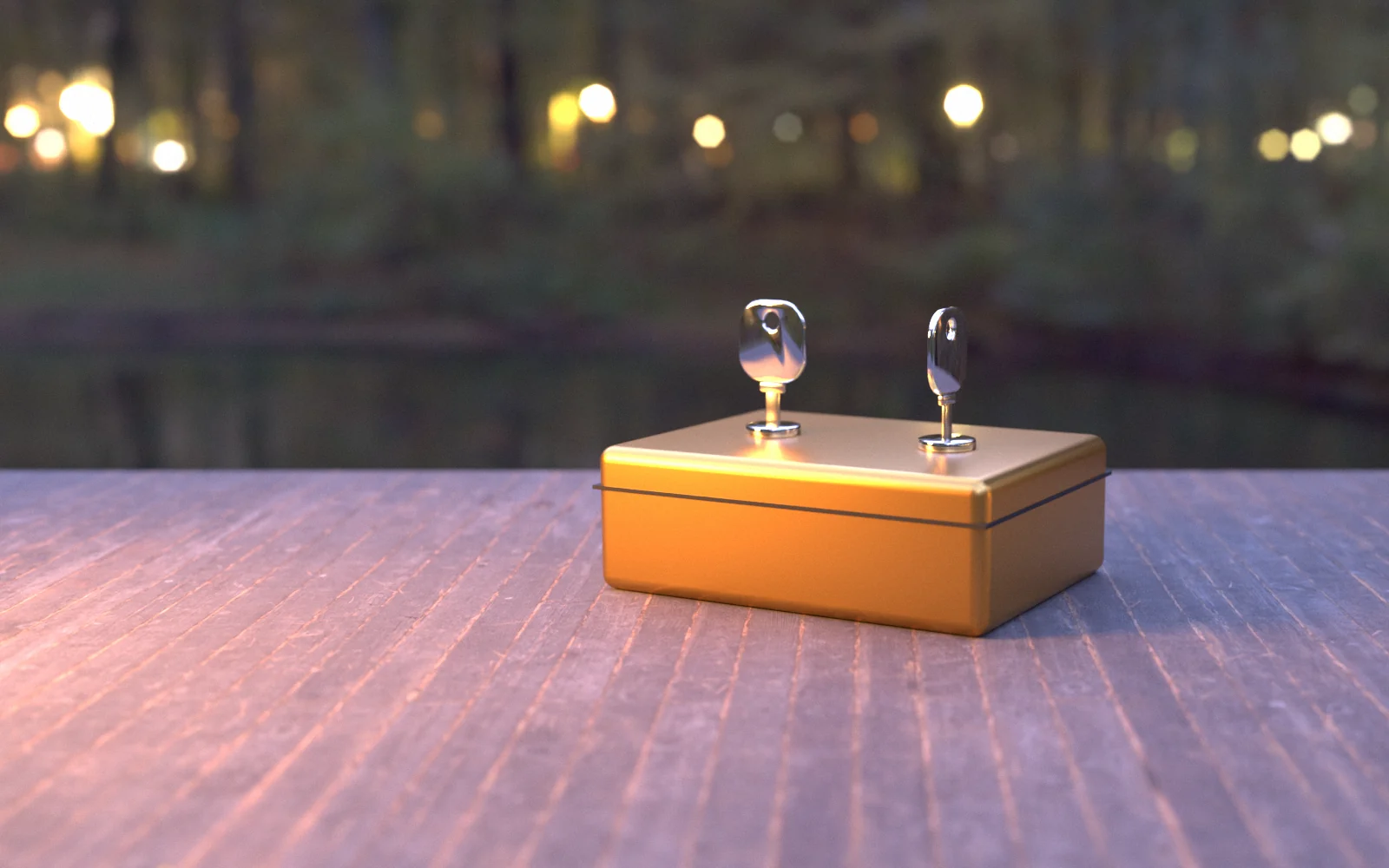 Trade Window — a strongbox with two keys on a wooden bridge at dusk
