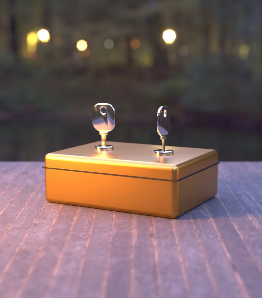 Trade Window — a strongbox with two keys on a wooden bridge at dusk