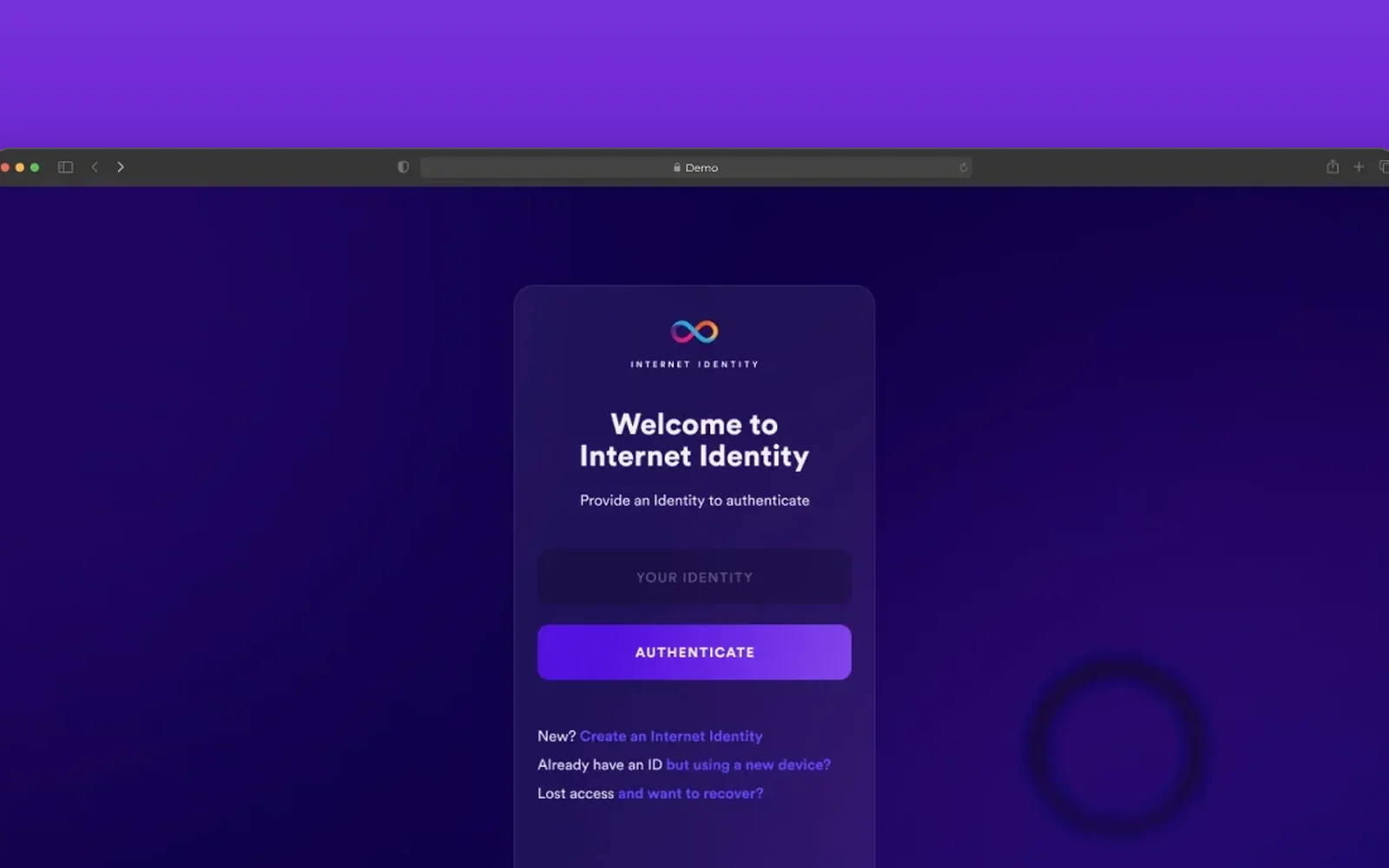 Internet Identity — the sign-in card on violet