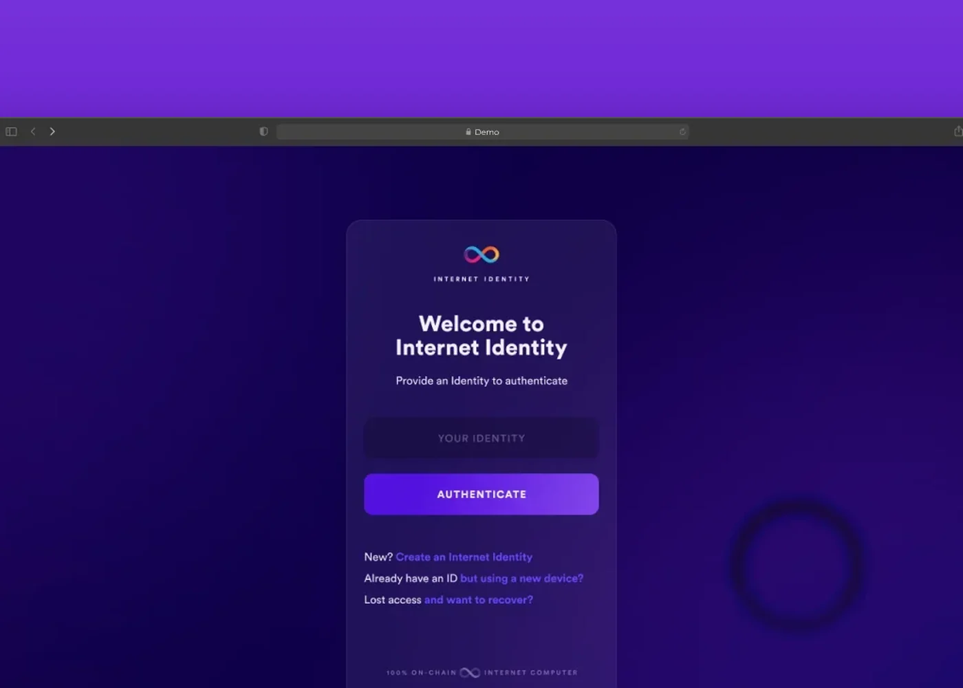 Internet Identity — the sign-in screen