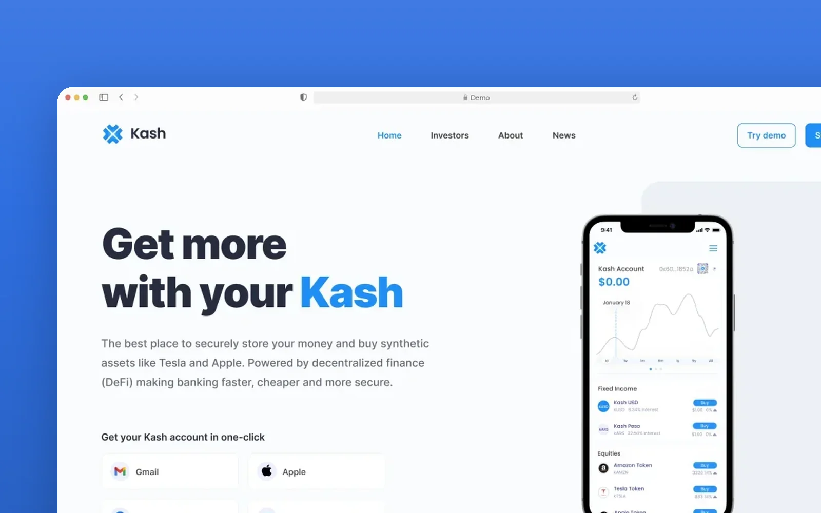 Kash — the landing page on blue