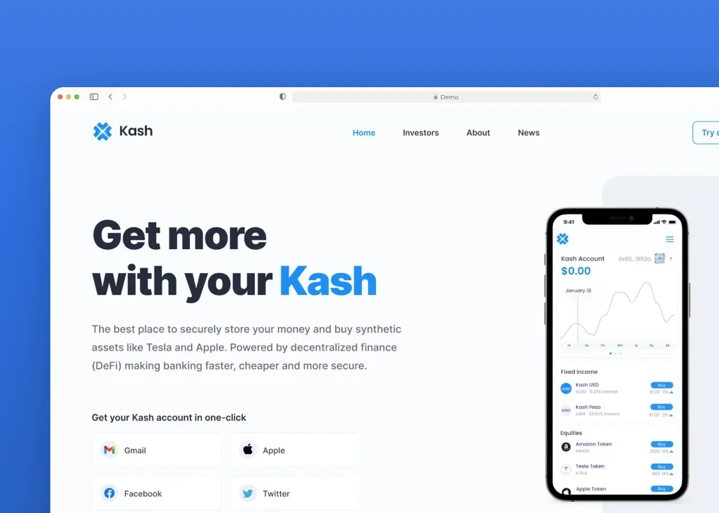 Kash — the landing page and the app on a phone