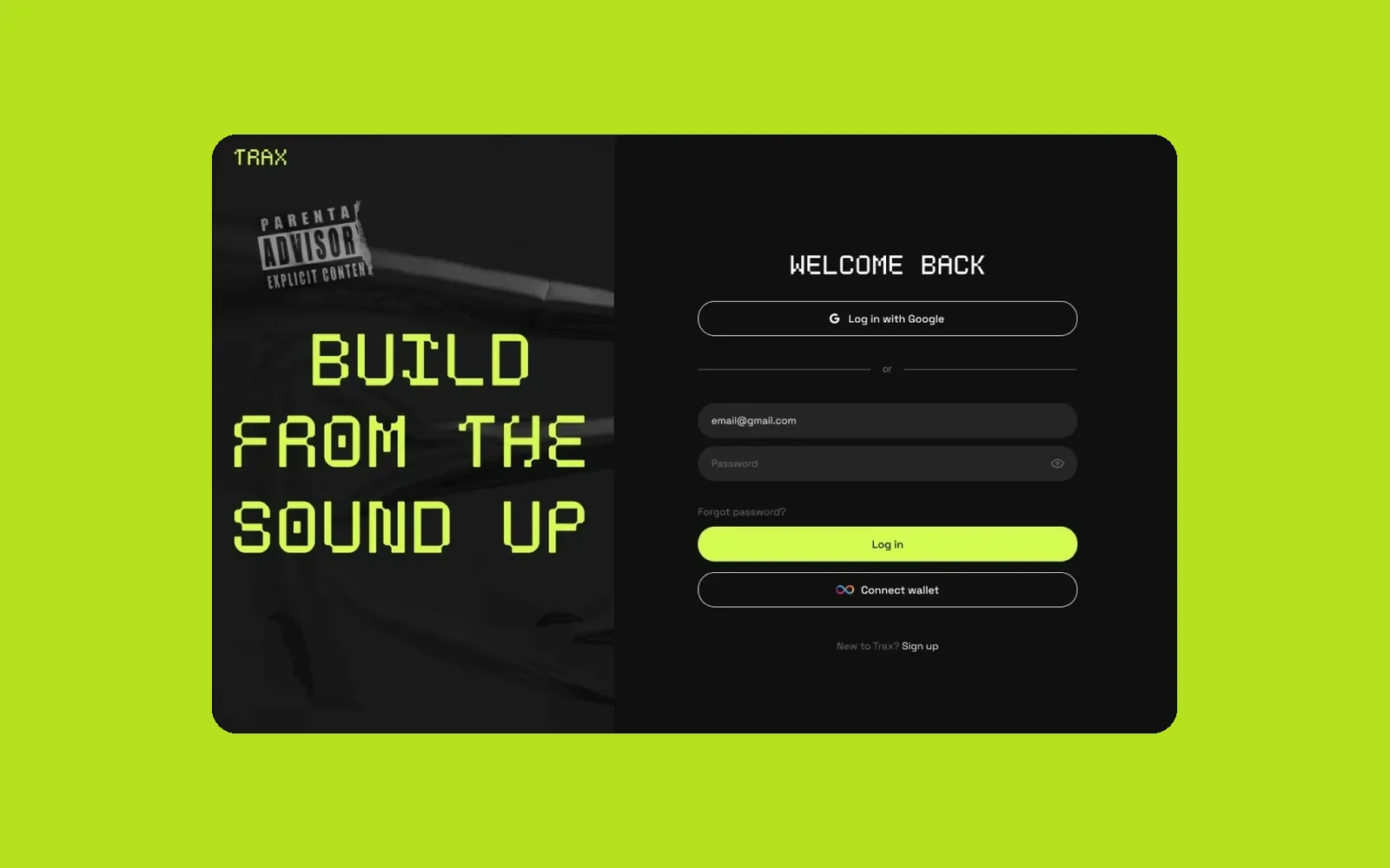 Trax — the sign-in screen on lime