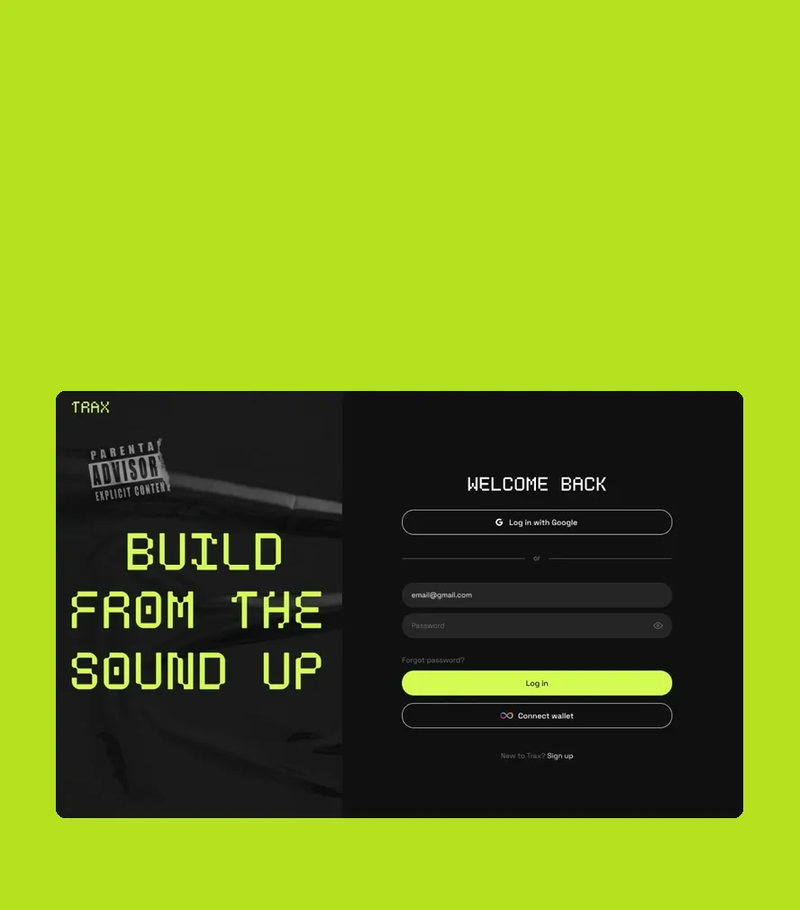 Trax — sign-in on a display, welcome screen on a phone