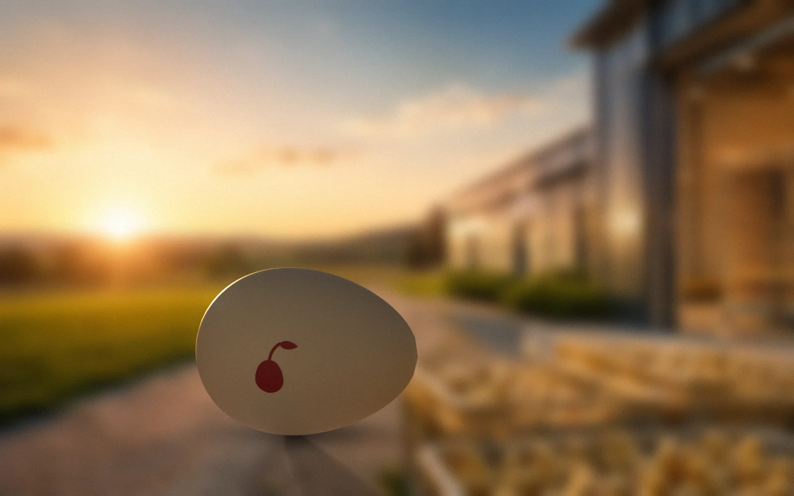 Vyshneva Dolyna — an egg with a cherry on a farm path at sunset