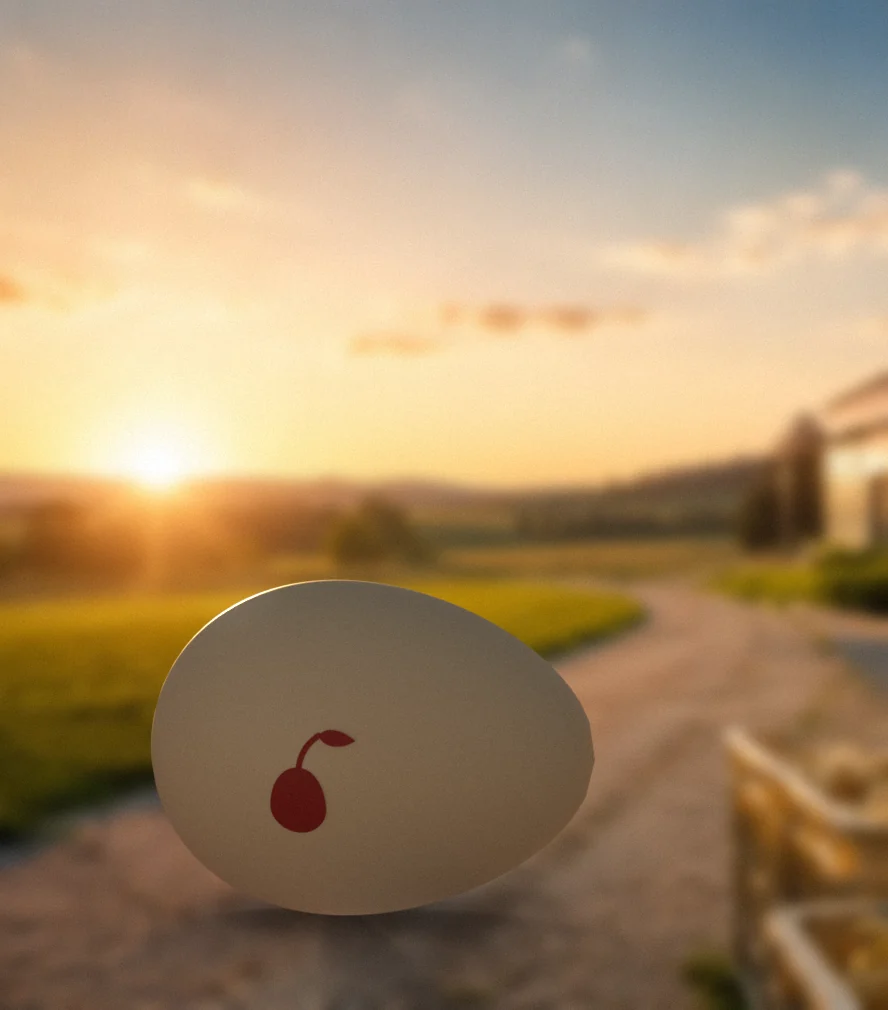 Vyshneva Dolyna — an egg with a cherry on a farm path at sunset