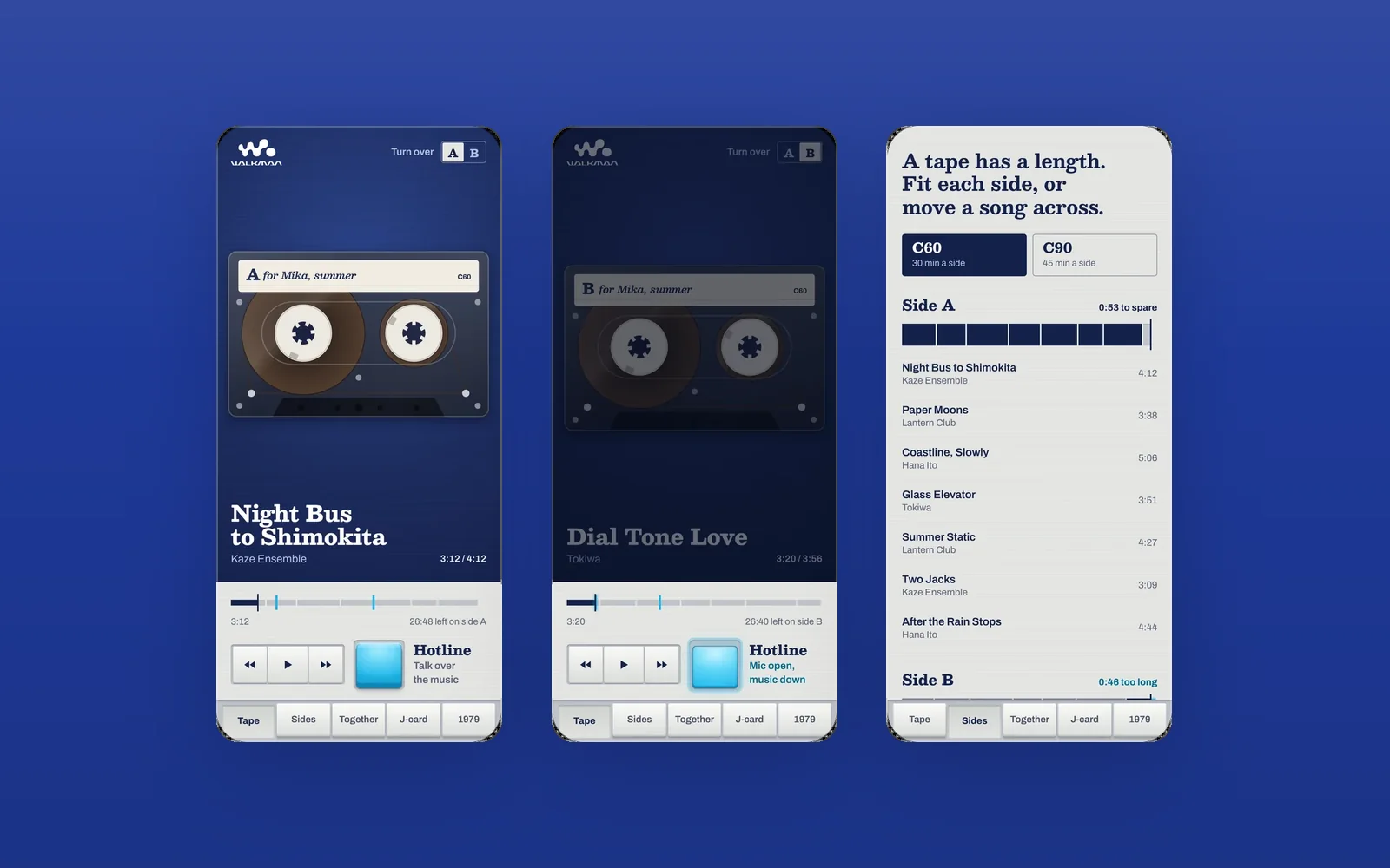 Walkman Hotline — two screens of the app, a cassette on each, on blue
