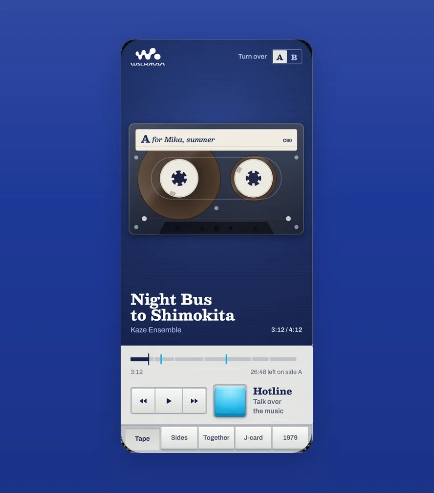 Walkman Hotline — two screens of the app, a cassette on each, on blue